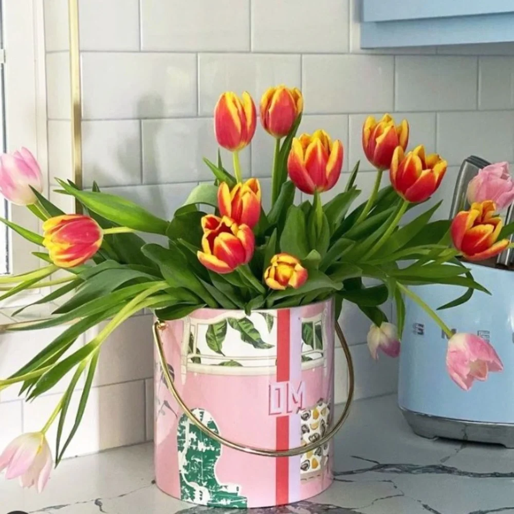 Vintage Multicolor Floral Ice Bucket with Gold Handle